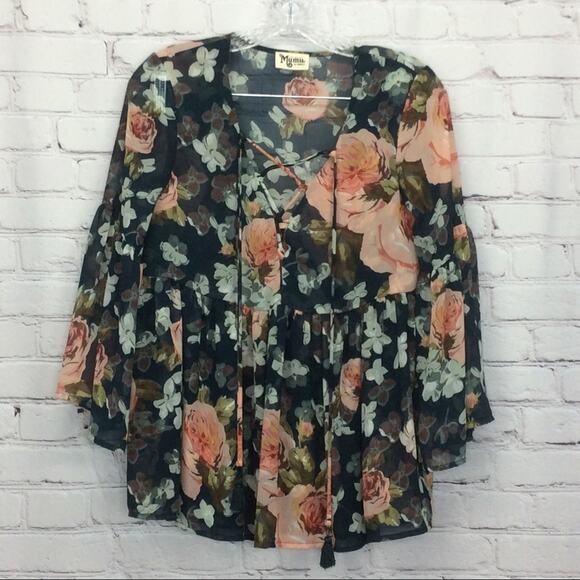 Show Me Your Mumu Poet Top Women's Sz XS Lace Up Boho Peplum Floral Semi Sheer - Picture 5 of 14